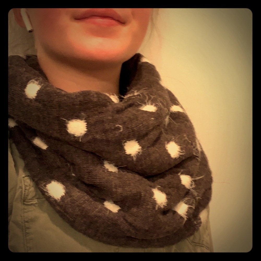 Grey infinity scarf with white polka dots